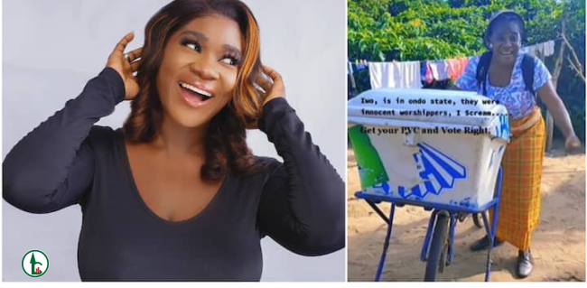 ‘Who give you koko shoe ‘ Reactions As Actress Mercy Johnson hawks Ice cream to Create Awareness for Nigerians to get their PVC (video)